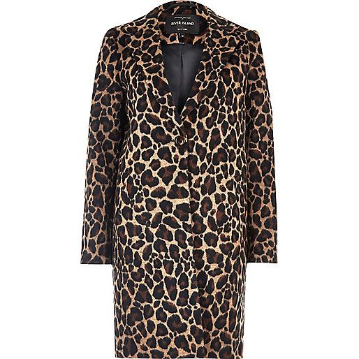 Brown leopard print wool overcoat | River Island (UK & IE)