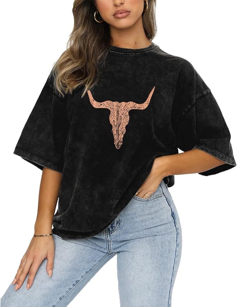 Rodeo Cow Skull Shirts for Women Vintage Western Bull Skull Graphic T-Shirt Retro Cowgirl Oversiz... | Amazon (US)