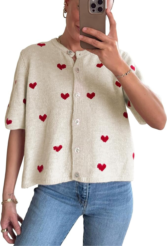 Springrain Womens Lightweight Short Sleeve Cardigan Button down Cropped Cute Heart Sweaters Knitw... | Amazon (US)