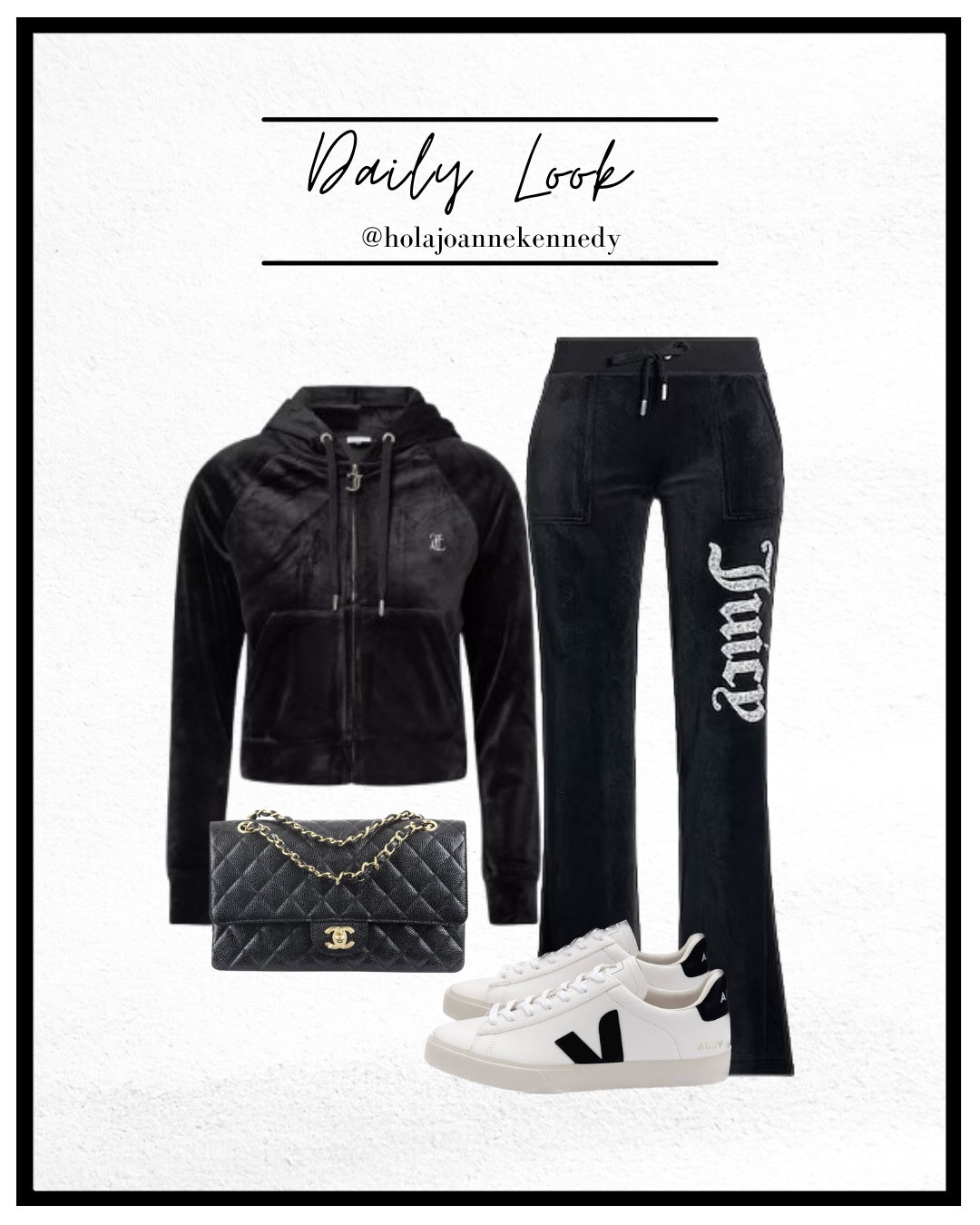 juicy couture tracksuit, black velour tracksuit, y2k fashion, 2000s style outfit, throwback tracksuit, millennial fashion, comfy bougie outfit, work from home outfit, casual luxury look, veja trainers outfit, white and black trainers, chanel casual outfit, velour co ord set, nostalgic fashion trend, elevated loungewear