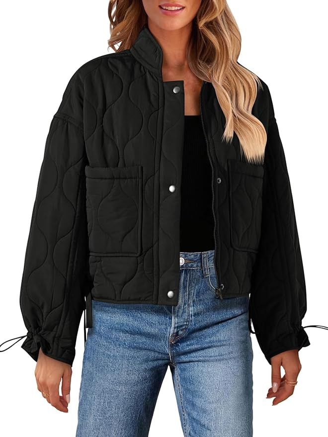 MEROKEETY Women's Cropped Zip-Up Bomber Jackets Warm Quilted Long Sleeve Stand Neck Winter Coats | Amazon (US)