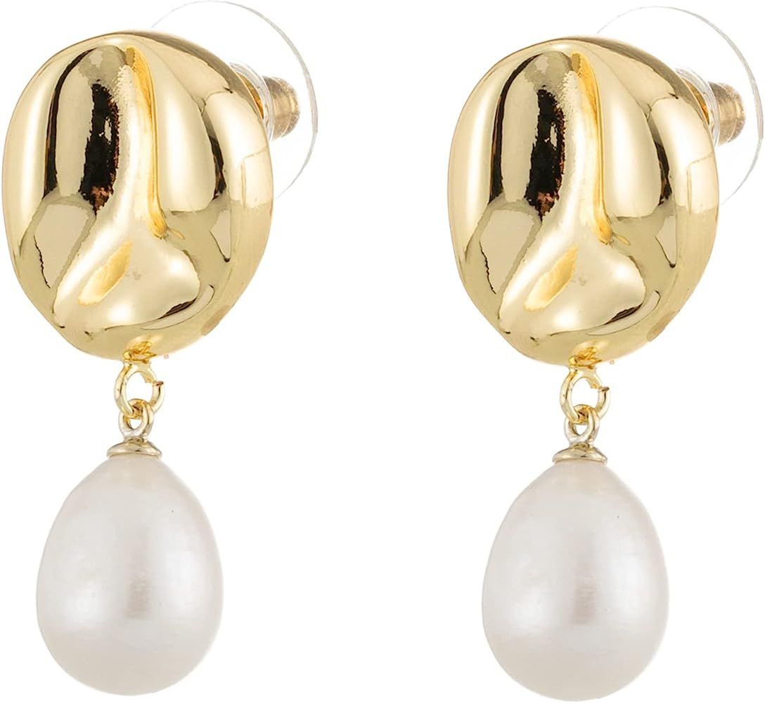 GretWal Women's White Pearl 14K Gold Plated Drop Dangle Earrings | Amazon (US)