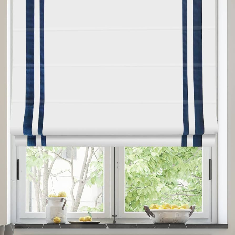 Cordless Roman Shades with Border, Blackout White Blue Border Roman Window Shades, Washable Custo... | Amazon (US)