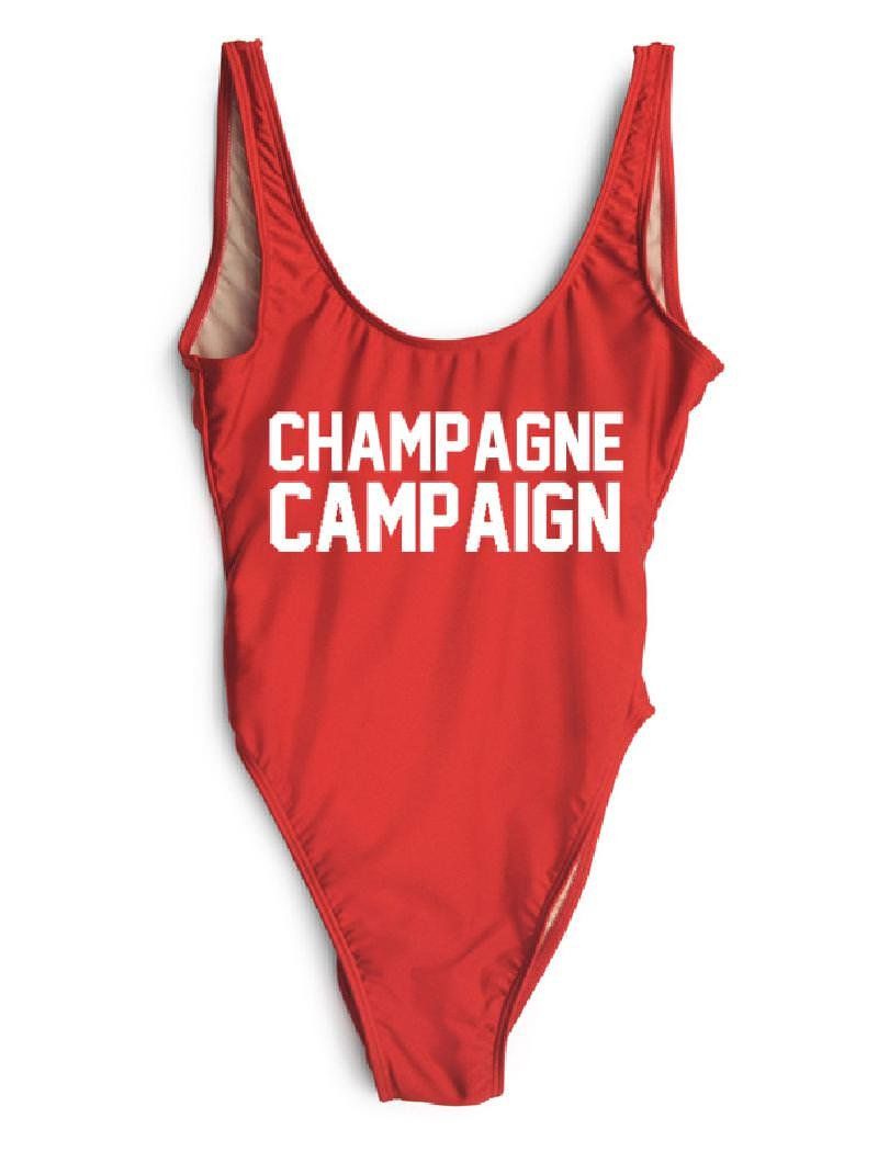 Women Champagne Campaign One Piece Letter Print Party Sexy Bodysuit Beachwear Swimsuit | Amazon (US)