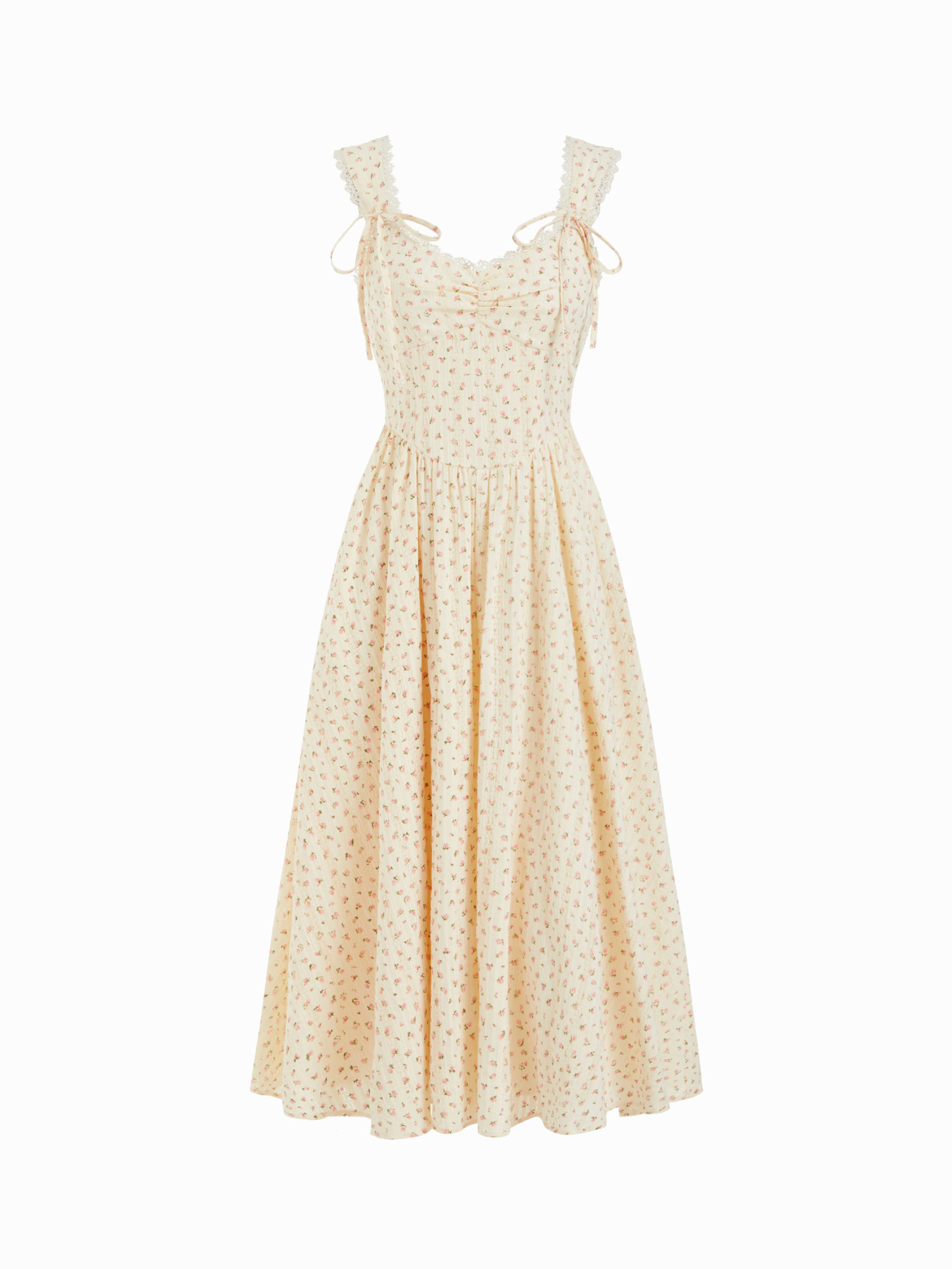 Woven Cotton-blend V-neck Random Ditsy Floral Lace Trim Bowknot Maxi Dress For Daily Casual Picni... | Cider