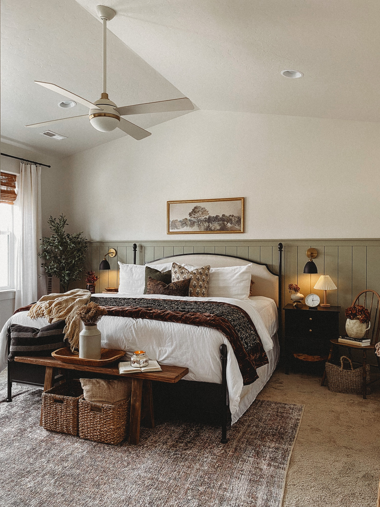 Four poster bed, vintage bed, black bed frame, upholstered bed frame, black night stand, black end table, black modern sconce, sconce lighting, vintage room decor, printed sheet set, Target style, vintage pillow, boucle pillow, throw pillow, Turkish pillow, noodle bench, wooden bench, vintage art, white curtain, linen curtain, roman shade, woven shade, decor basket, home decor, white fan, modern fan, olive tree, faux tree, vintage rug, distressed rug, loloi Billie, bedroom inspo 

#LTKhome #LTKSeasonal #LTKunder100