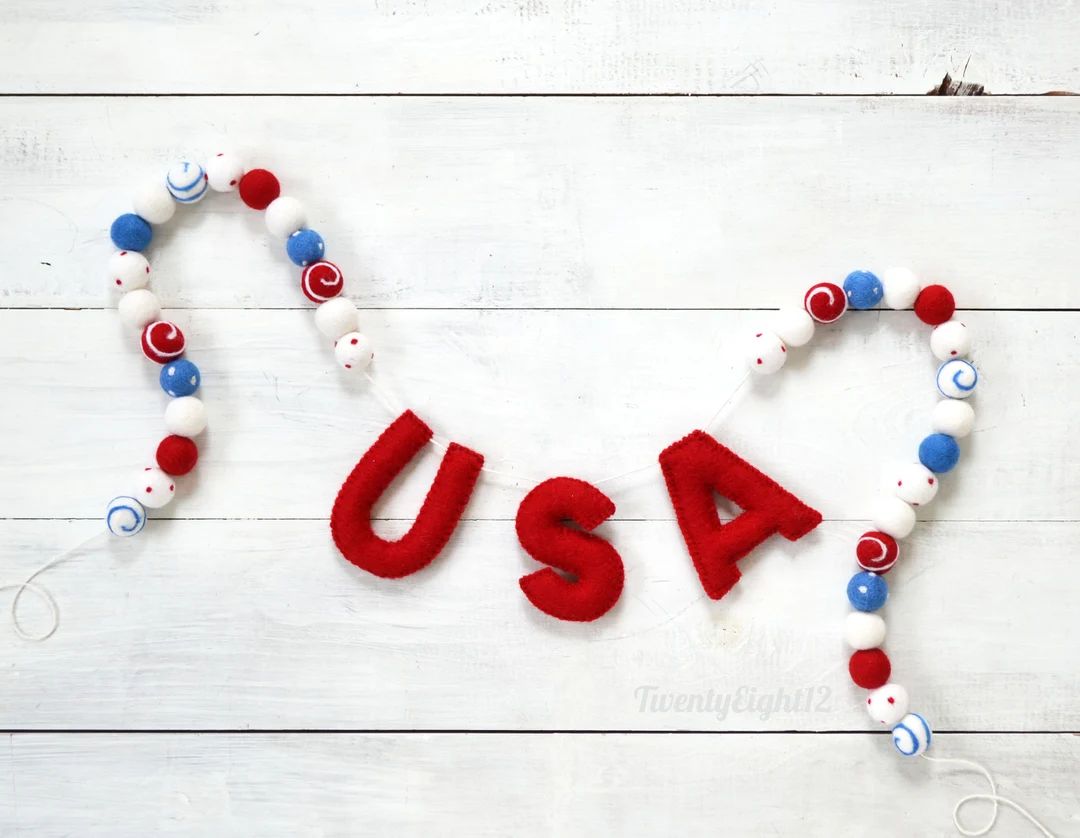 Felt Ball Garland USA, 4th of July Felt Garland, Felt Garland, Red White and Blue Garland, July 4... | Etsy (US)