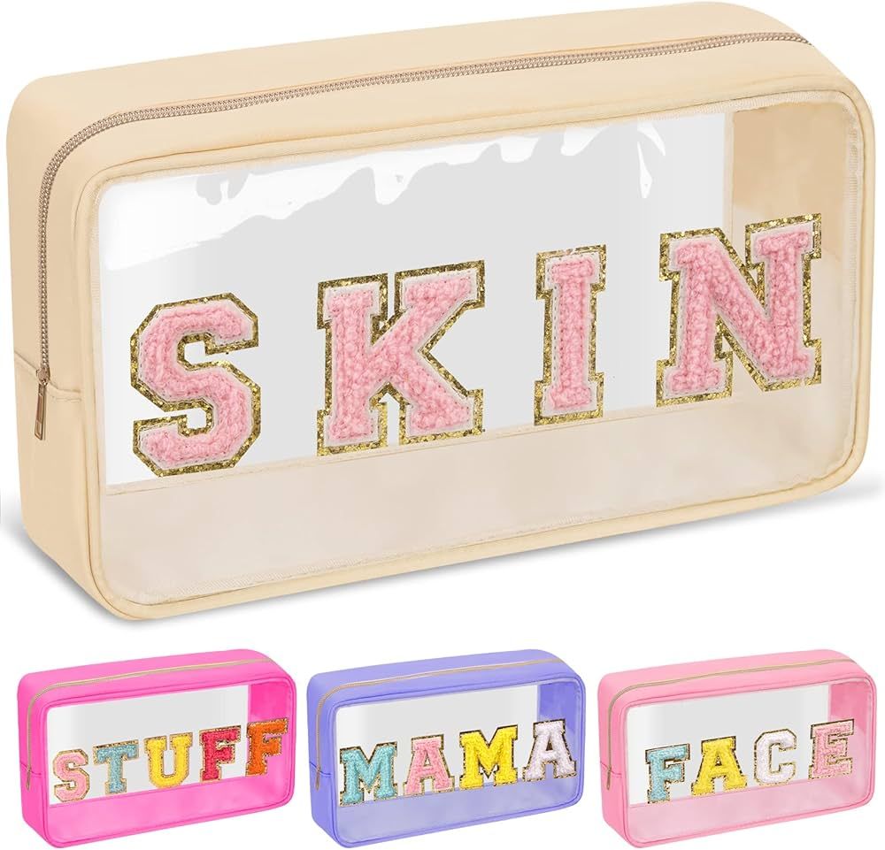 Chenille Letter Clear Makeup Bags Skin Pouch, Preppy Patch Makeup Bag with Zipper, Transparent PV... | Amazon (US)