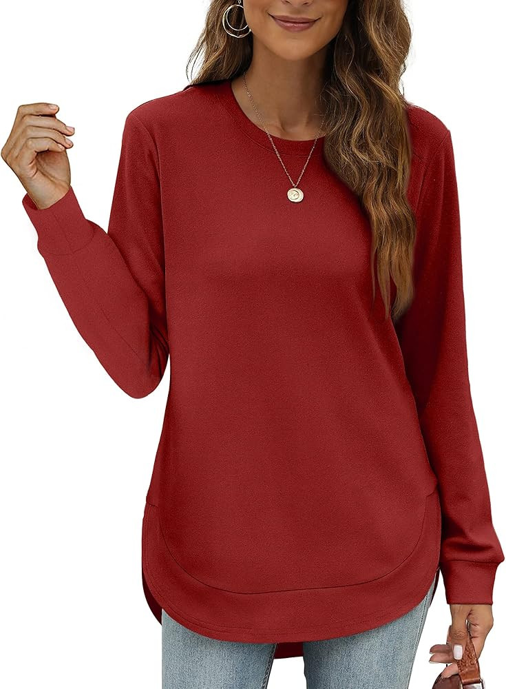 OFEEFAN Womens Sweatshirt Crewneck Long Sleeve Shirts High Low Tops Curved Hem | Amazon (US)