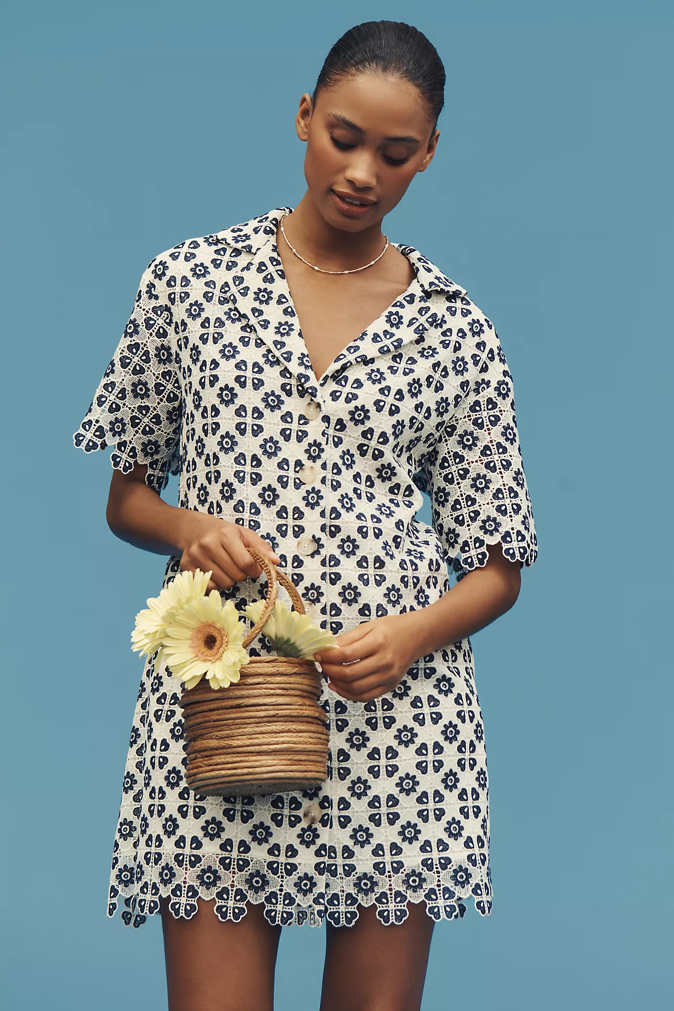 Maeve Short-Sleeve Geo Lace Mini Shirt Dress | Anthropologie (US)