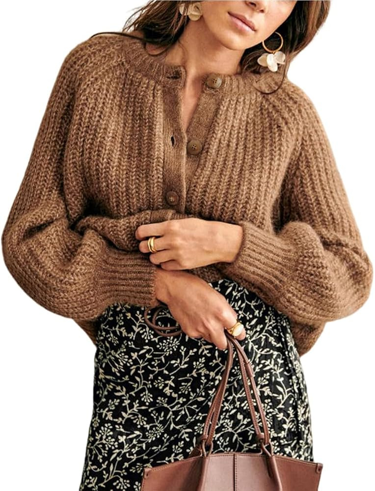 Women's Casual Long Sleeve Crewneck Button Down Cardigan Sweater Cable Knit Outwear | Amazon (CA)