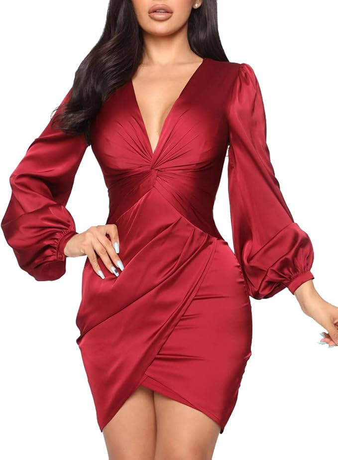 LightlyKiss Long Sleeve Wedding Guest Dress for Women Twist Front Formal Party Cute Dresses | Amazon (US)