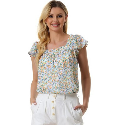 INSPIRE CHIC Women's Chiffon Ruffle Sleeve Square Neck Floral Print Blouse X-Small Purple Floral | Target