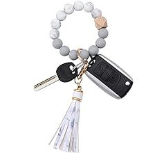 Silicone Beaded Bracelet Keychain Wristlet Key Ring Bangle Chains for Women with Leather Tassel | Amazon (US)