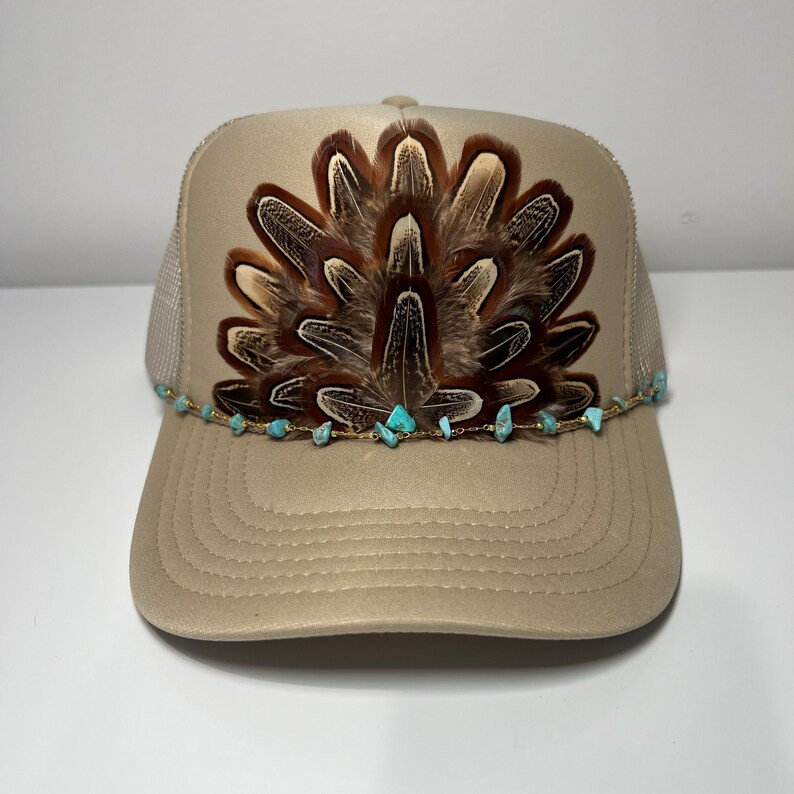 FEATHER Trucker Hat With Turquoise Beaded Hat Chain Embellished Stagecoach NFR Hat Khaki - Etsy | Etsy (US)