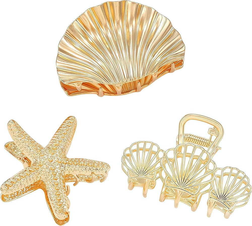 3 Pack Shell Starfish Hair Clips, Gold Metal Summer Beach Hair Claw Clips, Large Openwork Shell &... | Amazon (US)