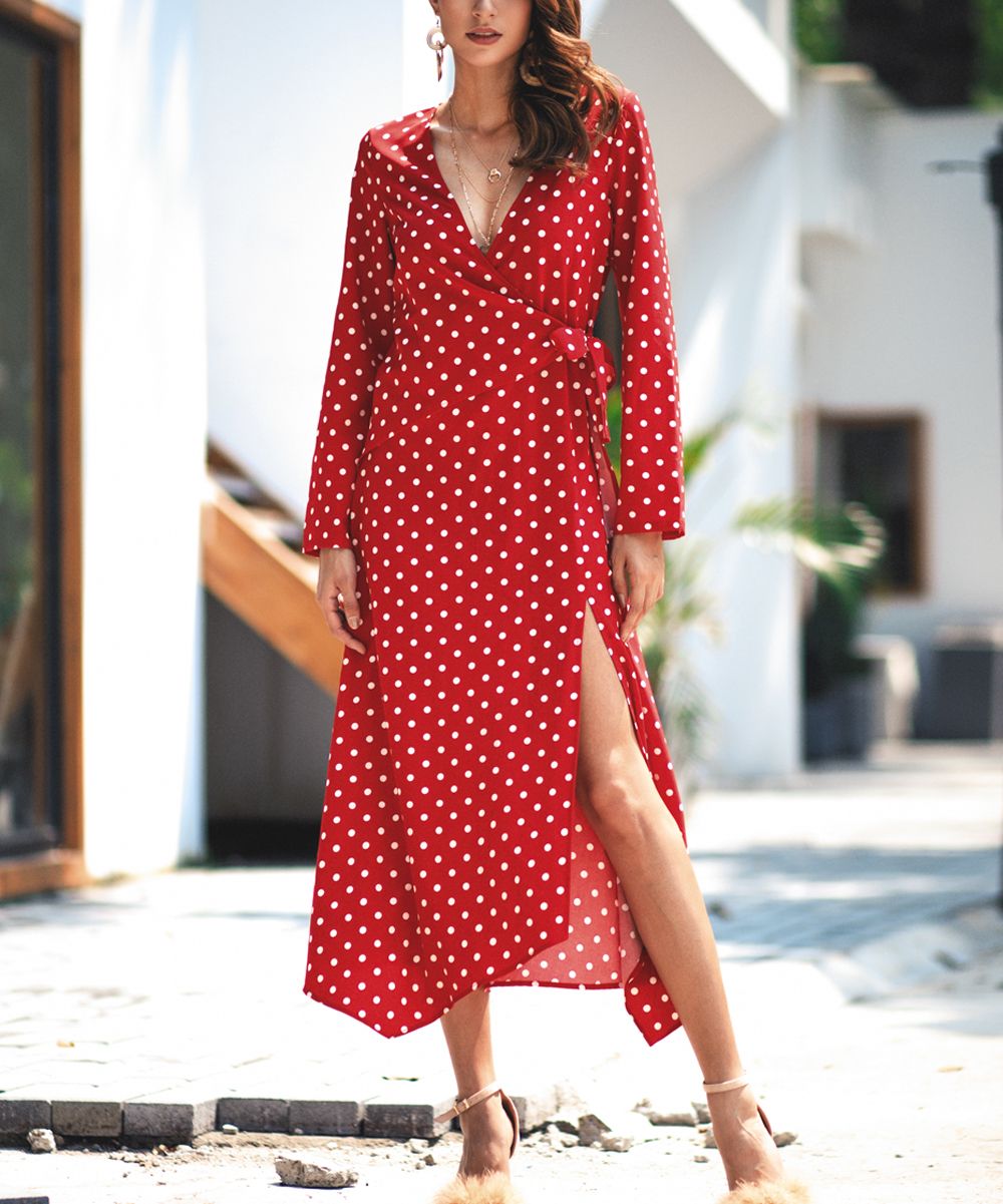 Red Polka Dot Flare-Sleeve Wrap Dress - Women | zulily
