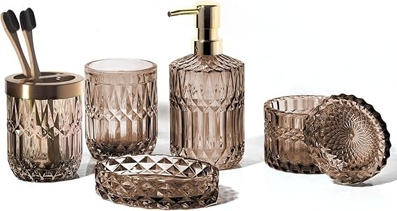 EMPO 6PCS Bathroom Clear Glass Accessories Set (Lotion Soap Dispenser, Soap Dish, Toothbrush Hold... | Amazon (US)