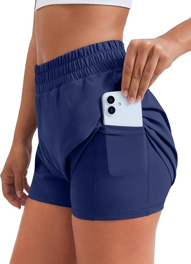 PINSPARK Women's 2 in 1 Running Shorts Quick Dry 3" Athletic Shorts High Waisted Workout Shorts w... | Amazon (US)