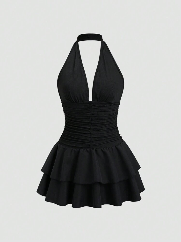 Sweetra Women's Black Summer 70s Club Party Knit & Woven Patchwork V-Neck Ruffle Backless Mini Dress With Ruched Waist,Elegant Casual Vacation Dress | SHEIN
