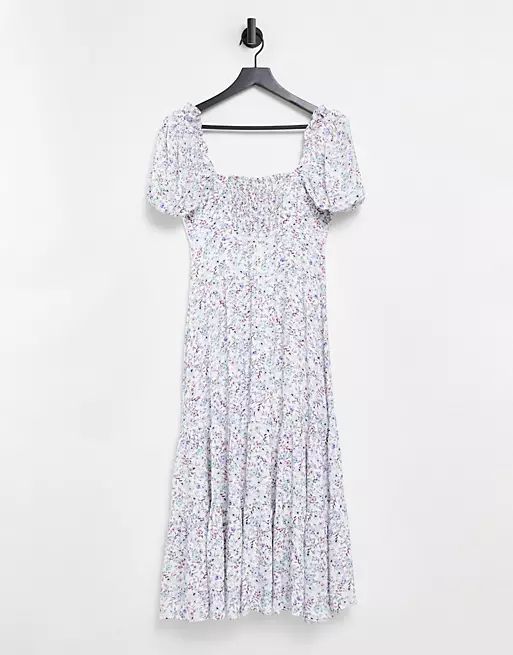 Ever New pintuck puff sleeve tiered midi dress in ivory floral | ASOS (Global)