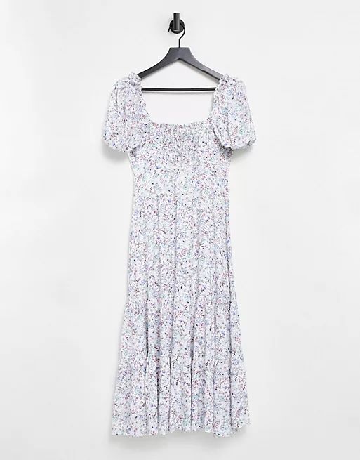 Ever New pintuck puff sleeve tiered midi dress in ivory floral | ASOS (Global)