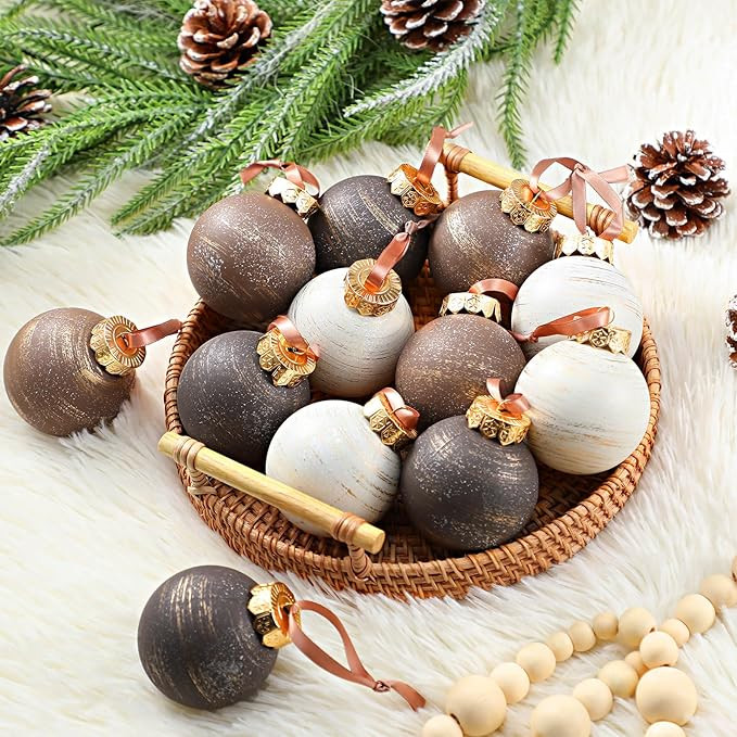 Yunlly 12 Pcs Neutral Textured Christmas Ball Ornaments 2025 2.4 Inch Rustic Brown White Xmas Orn... | Amazon (US)