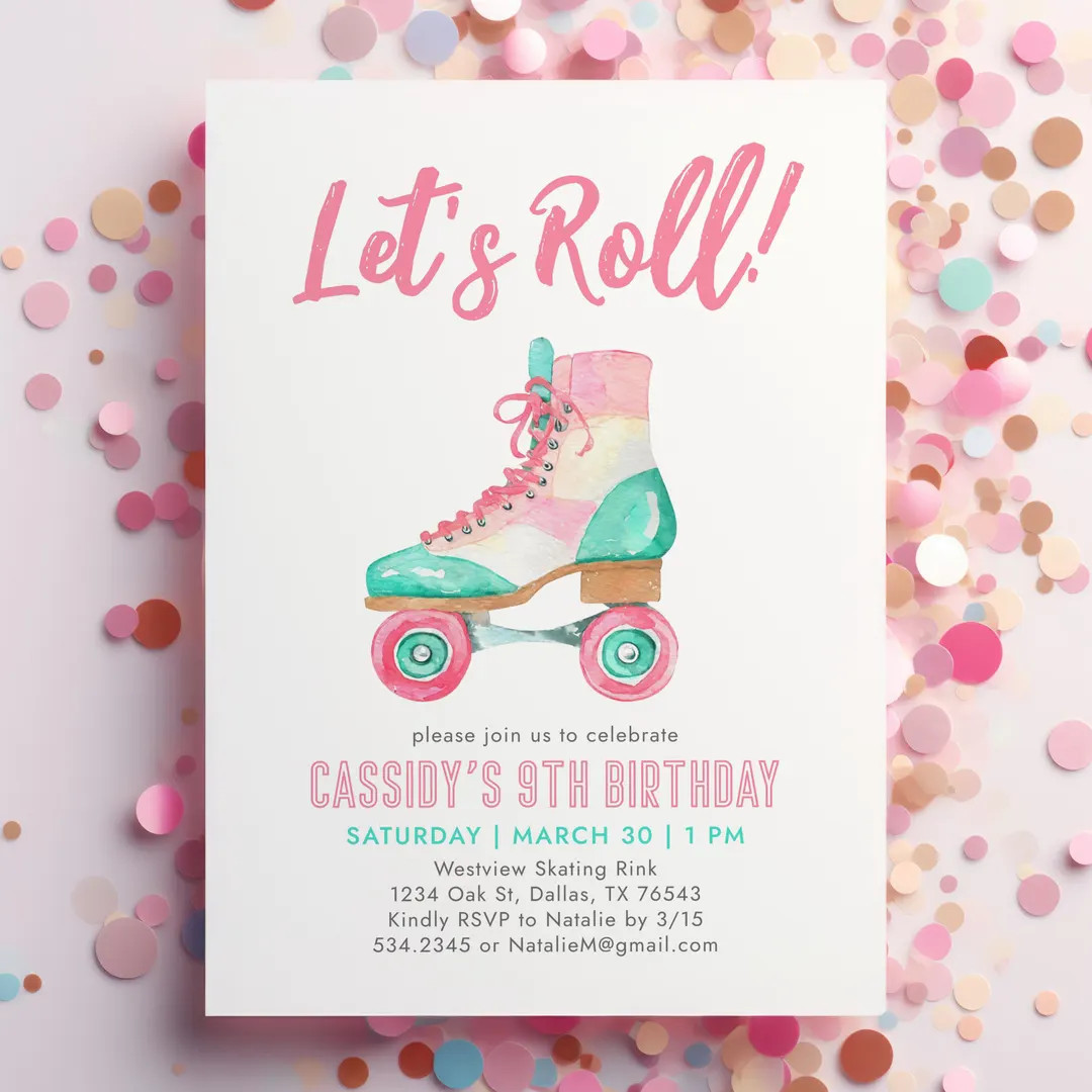 Pink Roller Skate Birthday Invitation, Let's Roll Retro Girl Roller Skating Birthday Party Invite... | Etsy (US)