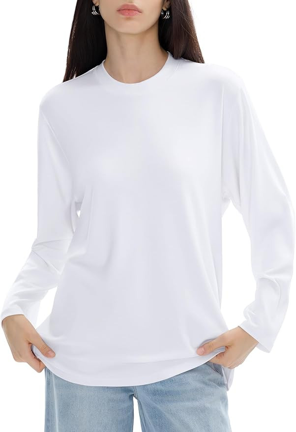 PUMIEY Women's Long Sleeve T Shirts Crew Neck Loose Fit Tops Casual Basic Tee Mirror Collection | Amazon (US)