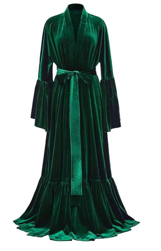 Changuan Warm Velvet Bridal Robe Flare Sleeve Bathrobe Lingerie V Neck Kimono Loose Flattering Sleepwear Nightgown Old Hollywood With Belt Dark Green 3XL | Amazon (US)