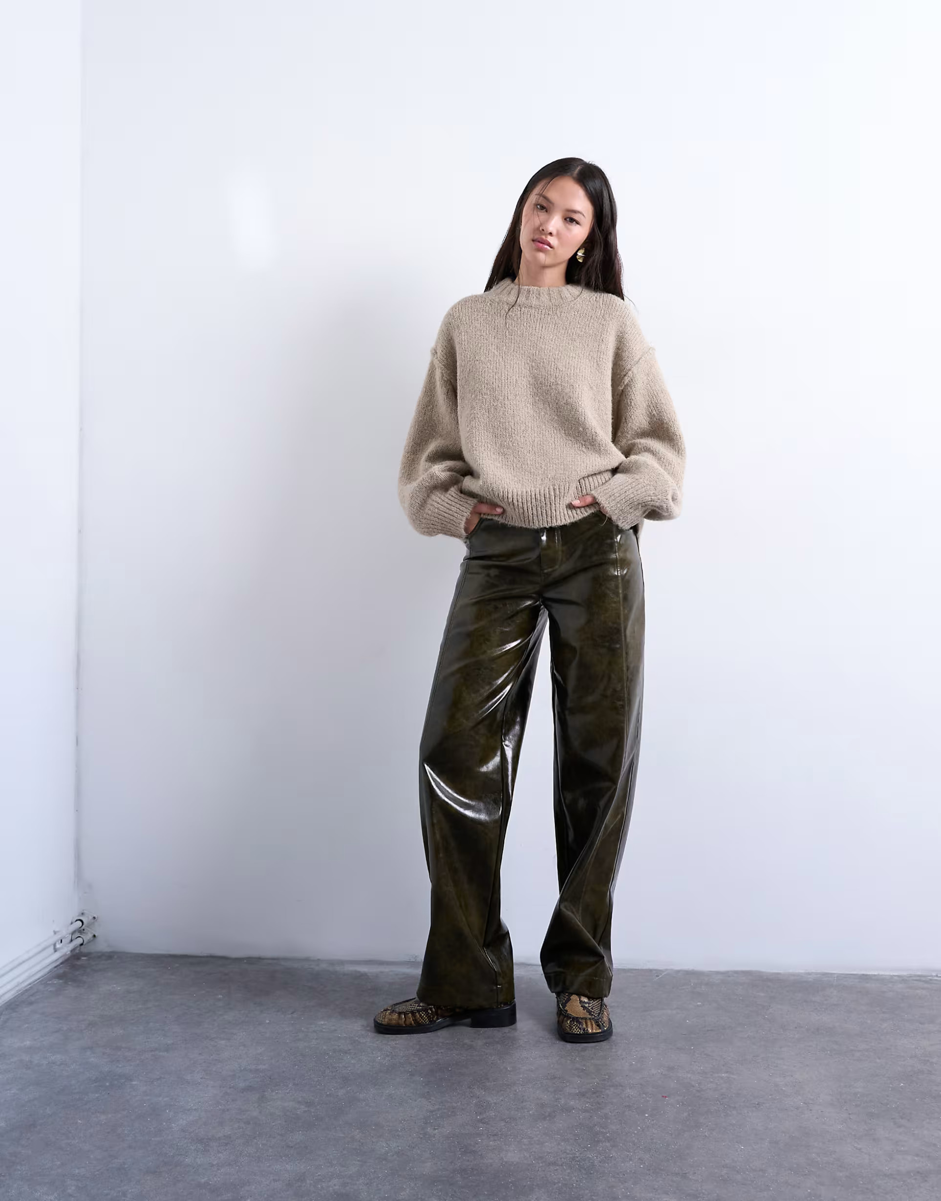 Topshop knitted wool blend fluffy exposed seam easy jumper in oat | ASOS (Global)