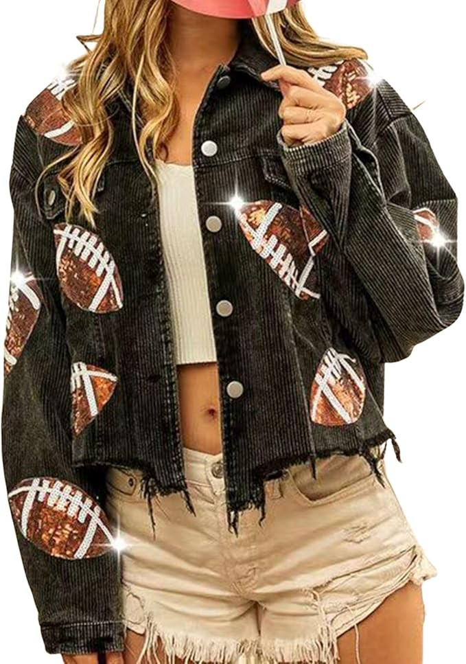 CHARTOU Women Vintage Distressed Cropped Corduroy Jacket Oversized Frayed Rugby Sequin Short Shac... | Amazon (US)