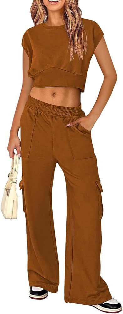 Pink Queen Womens 2 Piece Outfits Sweatsuits Sets Cap Sleeve Crop Tops Wide Leg Cargo Pants with ... | Amazon (US)