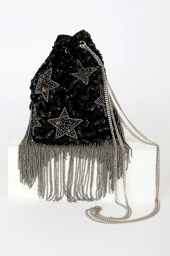 Super Stellar Black Velvet Beaded Sequin Bucket Bag | Lulus