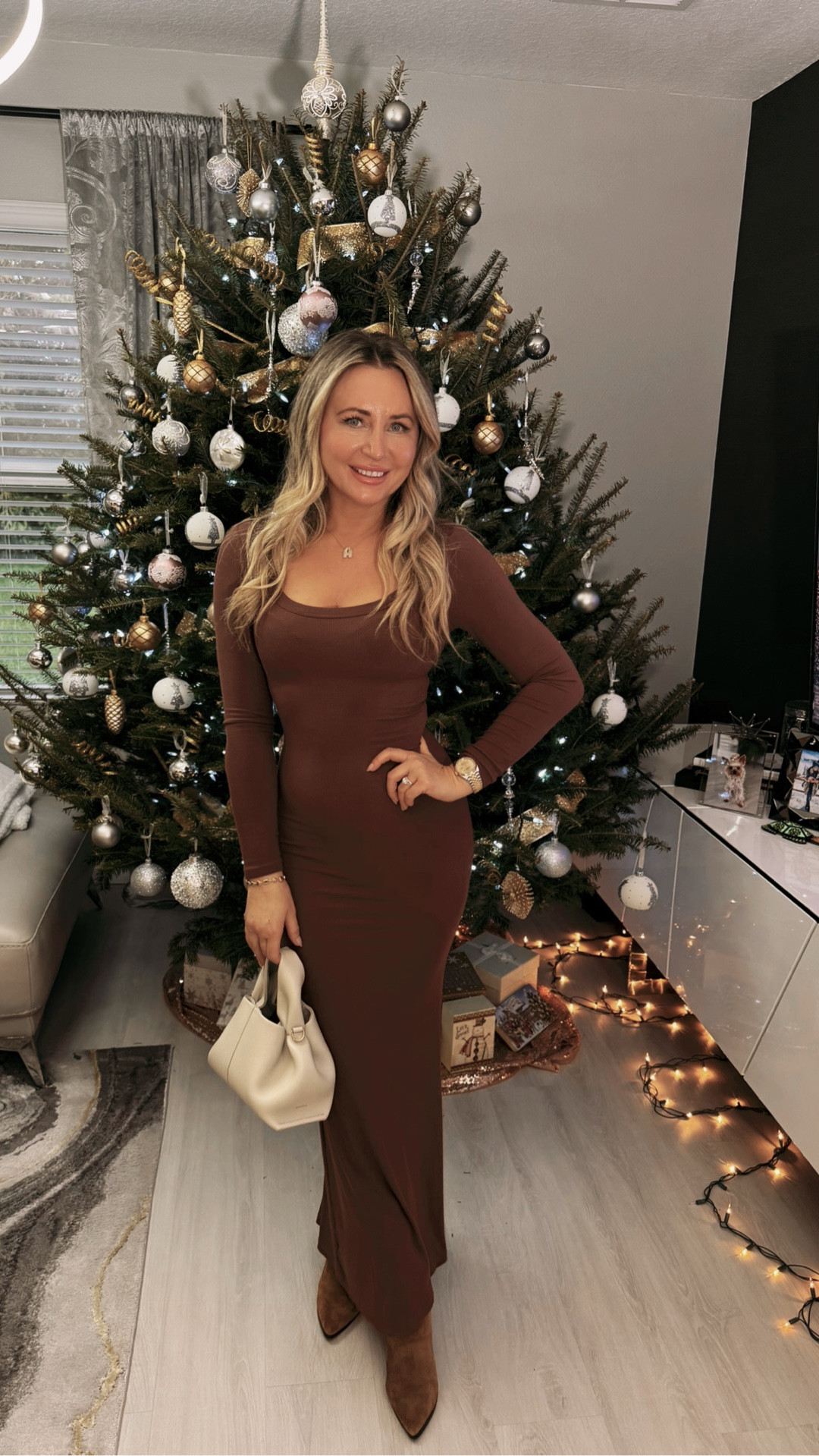 Dress from Amazon in coffee size small
Bag is Polene! Linking similar 

#LTKHoliday #LTKGiftGuide #LTKootd