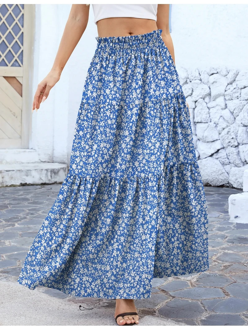 a.Jesdani Womens Maxi Skirts Casual Elastic High Waist Swing Tiered Beach Maxi Skirt s-xxl | Walmart (US)