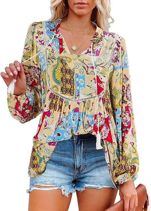 ALLTB Womens Casual Tunic Tops Floral Print Button Down Shirt Flowy V-Neck Long Sleeve Loose Blouses | Amazon (US)