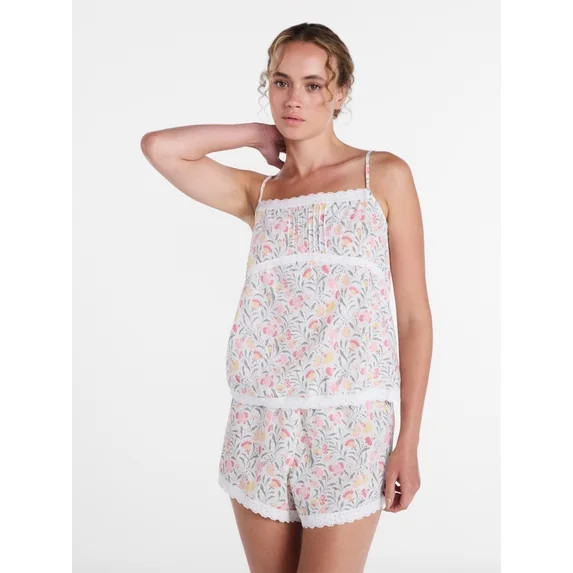 Joyspun Women's Sleep Cotton Cami and Shorts Set with Lace Trim, Sizes XS-3X | Walmart (US)