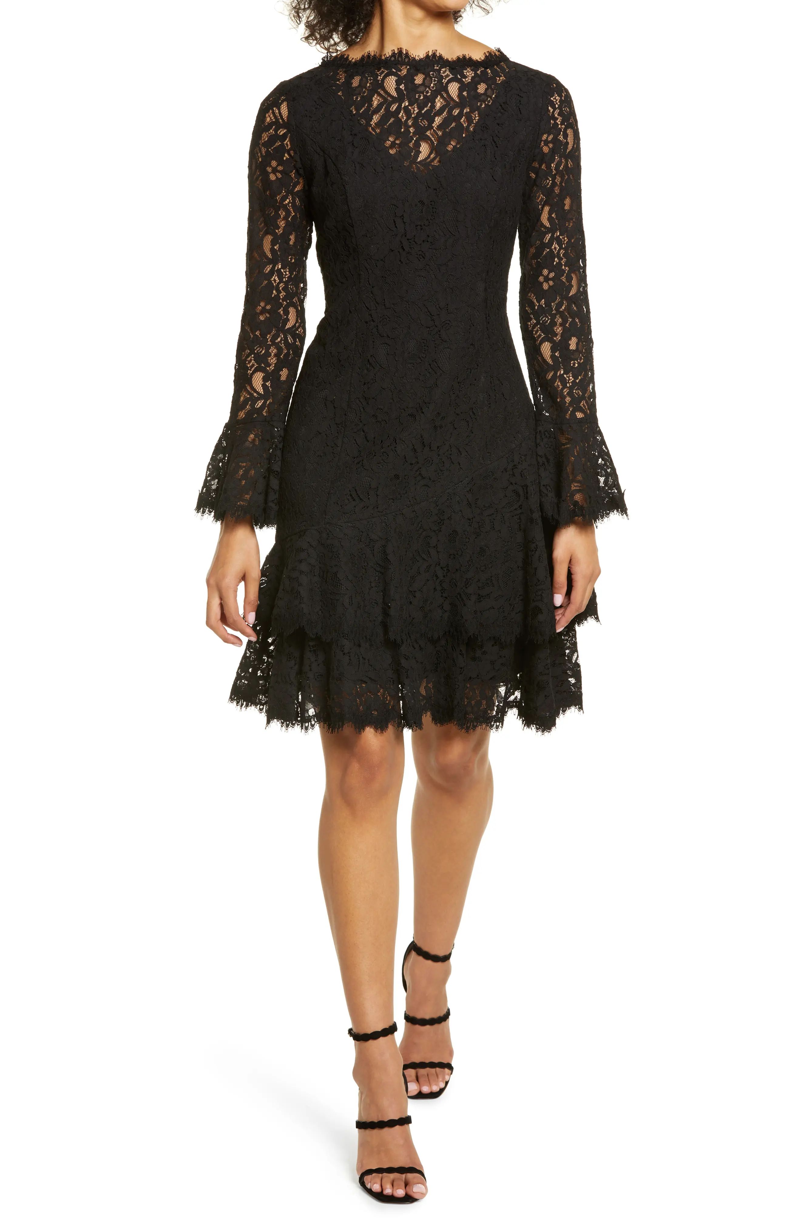 Shani Long Sleeve Tiered Lace Dress, Size 14 in Black at Nordstrom | Nordstrom