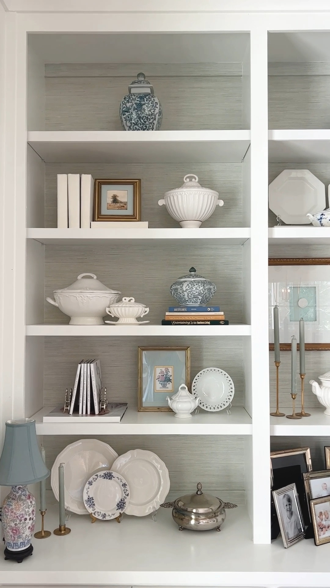 Built in shelves shelf styling faux grasscloth peel and stick wallpaper traditional ironstone tureens 

#LTKhome #LTKSale #LTKFind