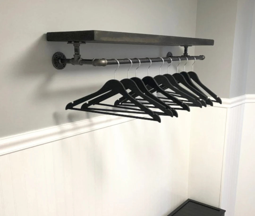 Industrial Piping Wall Mounted Clothing Rack With Rustic Wood Top Shelf. Laundry Room Storage, Ap... | Etsy (US)