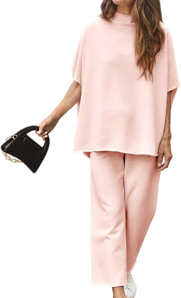 SeeLuNa Women's Two Piece Outfits 3/4 Batwing Sleeve Capelet Crew Neck Pullover Top Wide Leg Pant... | Amazon (US)