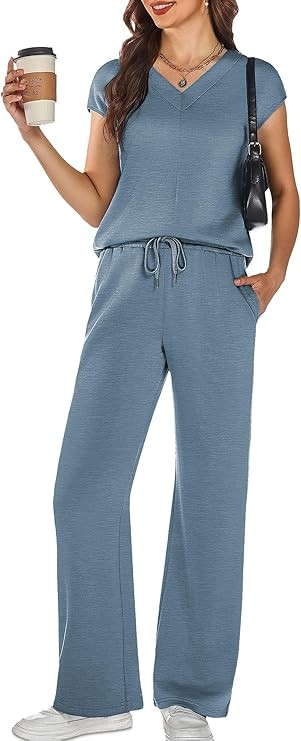 Casly Lamiit 2 Piece Outfits for Women Summer Casual V Neck Cap Sleeve Top Wide Leg Pant Set Trav... | Amazon (US)
