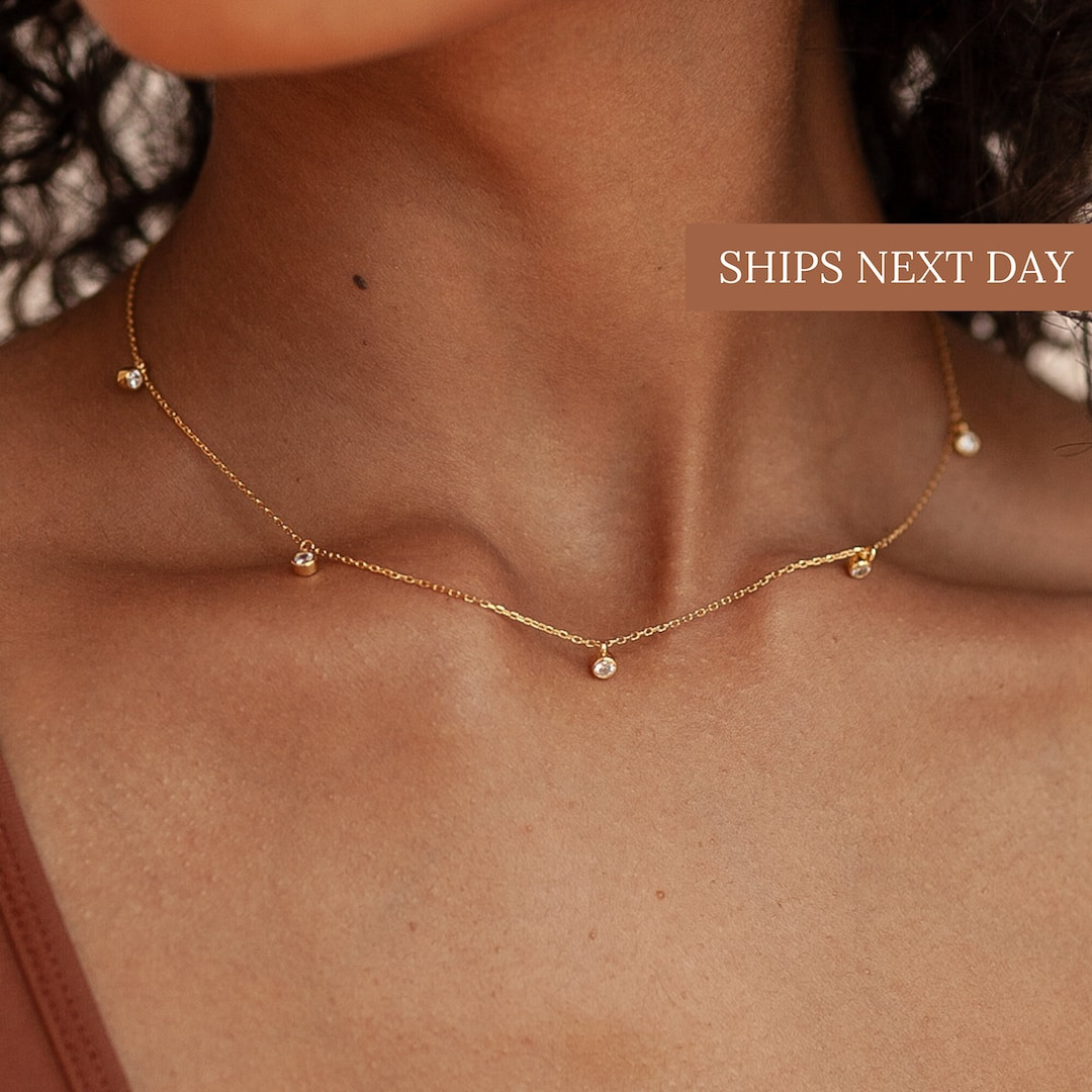 Diamond Station Necklace in Gold, Rose Gold, Sterling Silver by Caitlyn Minimalist Minimalist Nec... | Etsy (US)