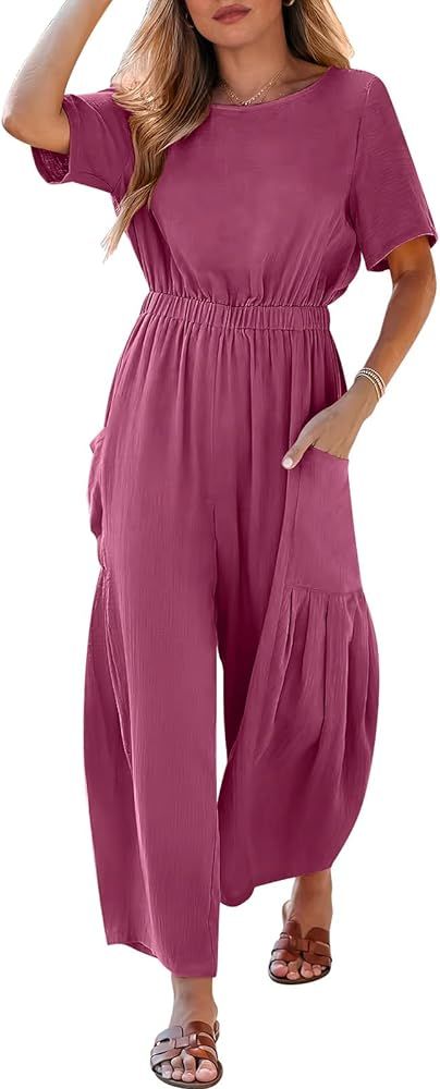 ANRABESS Jumpsuits for Women 2024 Casual Summer Linen Romper Short Sleeve Wide Leg Long Pants Jum... | Amazon (US)