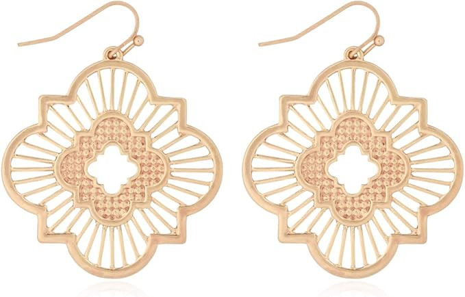 Bohemian Geometric Cut-Out Drop Earrings - Simple Metallic Open Hoop Dangles Moroccan Cloud, Clov... | Amazon (US)