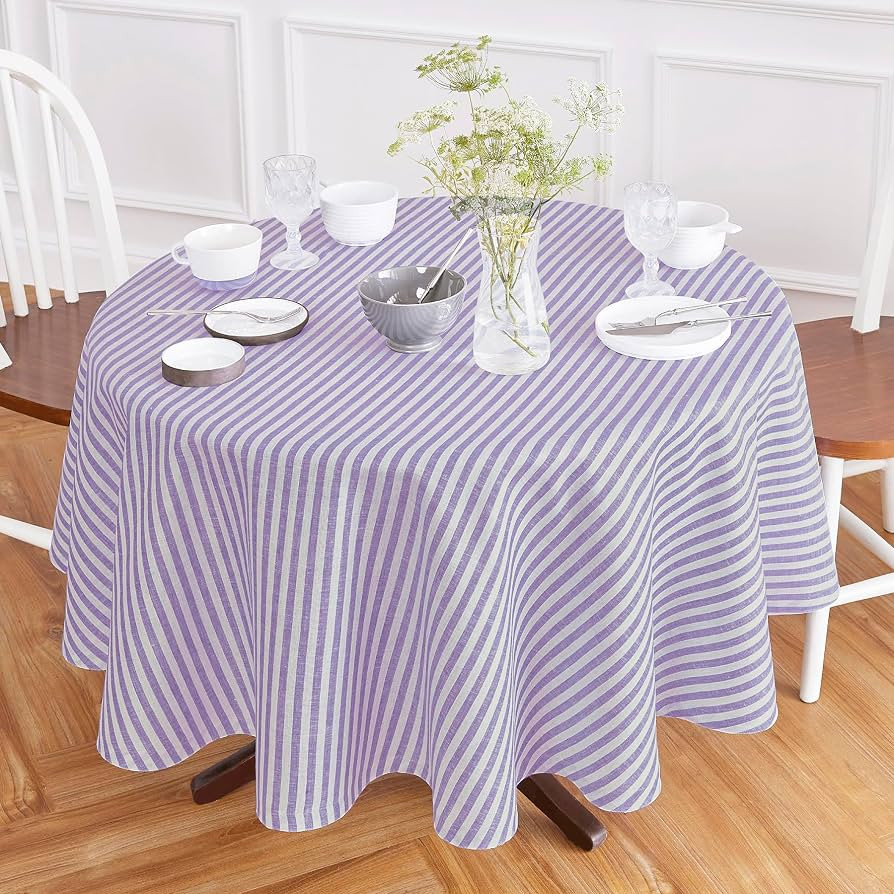 Solino Home Linen 60 Inch Round Tablecloth - Amalfi Stripe, 100% Pure Linen Violet and White Roun... | Amazon (US)