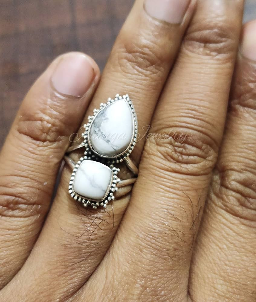 White Howlite Ring, Sterling Silver Ring, Antique Ring, Cushion Pear Stone, Boho Style, Turquoise... | Amazon (US)