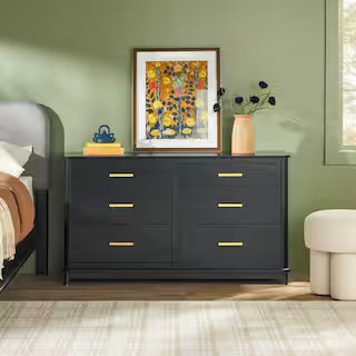 Walker Edison Furniture Company Contemporary Black 6-Drawer 54 in. Solid Wood Dresser with Curved... | The Home Depot