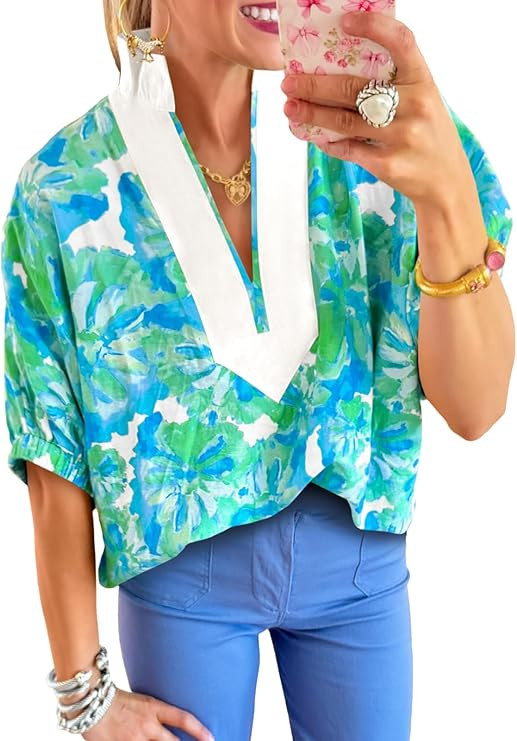 Cicy Bell Womens Summer Floral Blouses V Neck Puff Half Sleeve Boho Tops Color Block Dressy Casua... | Amazon (US)